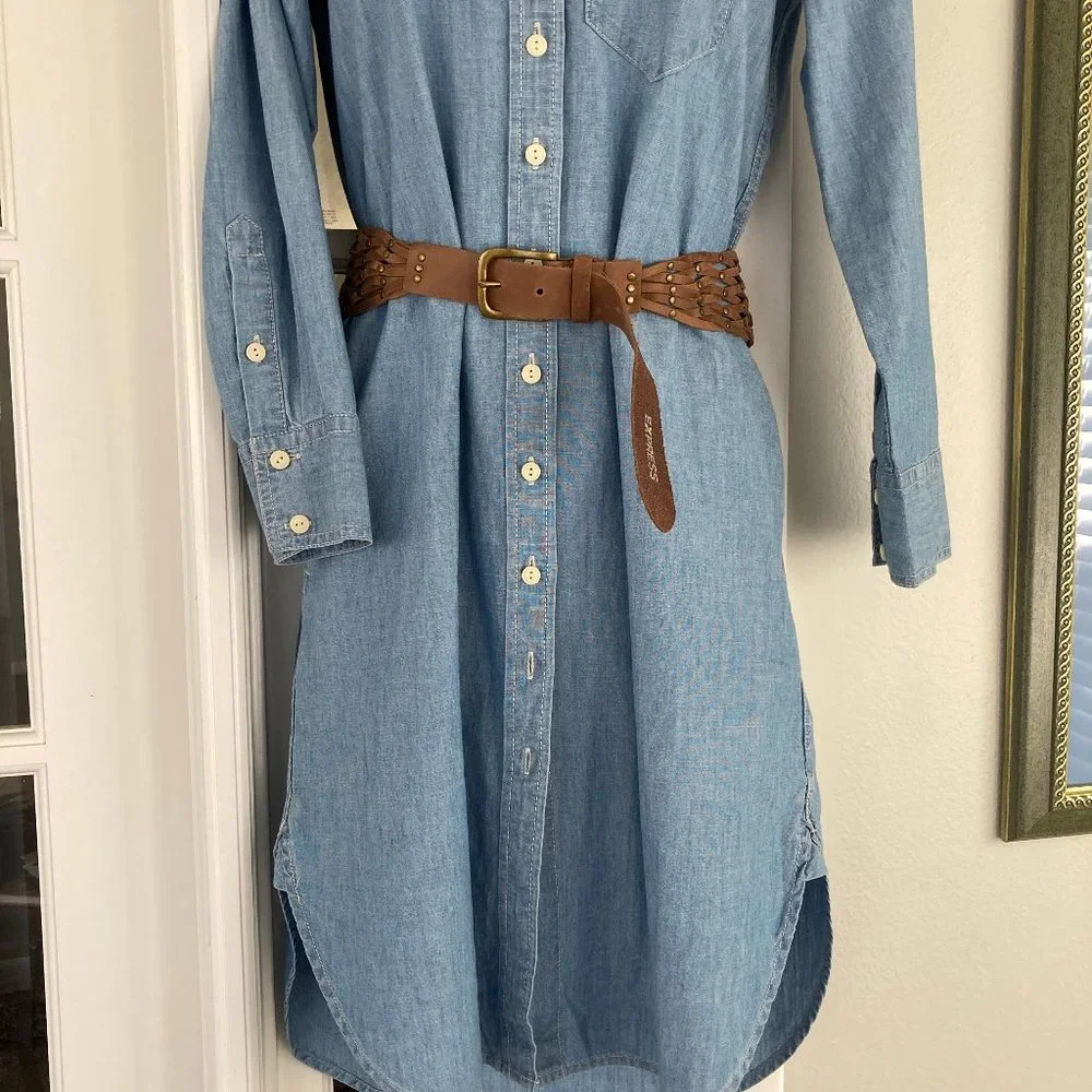 J Crew  Vintage Long Sleeve Denim Look Button Down Dress With Leather Belt   OOP